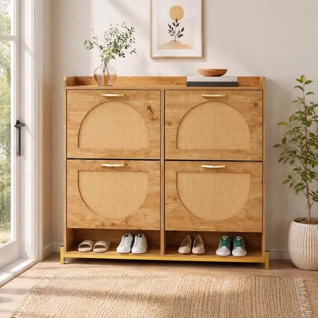 Scarpiera ULEVR 108,5x24x100 cm in MDF color legno con 4 ante e ripiano superiore