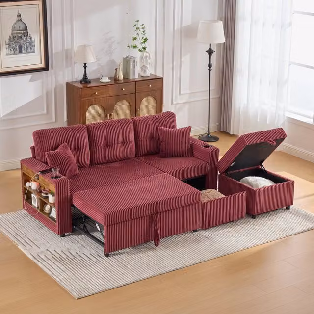 Divano Letto con Contenitore REDOM in Tessuto a Coste Rosso con Porte USB-C e LED L/P/H: 196 x 82-144 x 85 cm