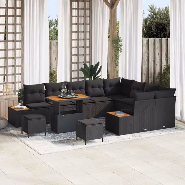 vidaXL Set Divano da Giardino a Forma di U in Polyrattan Nero con Cuscini e Tavolino da Caffè – 1