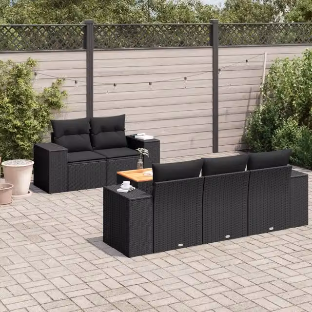 Set da giardino VIDAXL a forma di L composto da 6 pezzi in polyrattan nero con cuscini inclusi