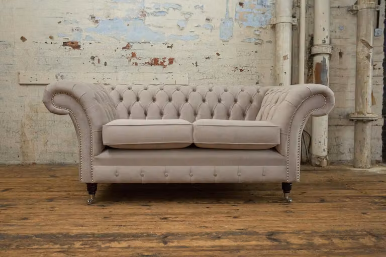 Chesterfield Sofa 2 Sitzer Polster Designer Couchen Sofas Garnitur Beige Samt
