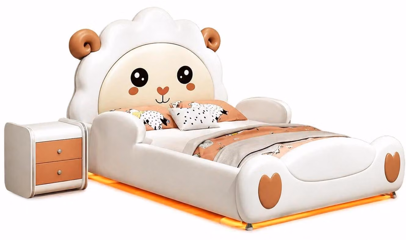 Letto per bambini bianco con motivo di pecore, adatto a bambine e bambini, dotato di illuminazione