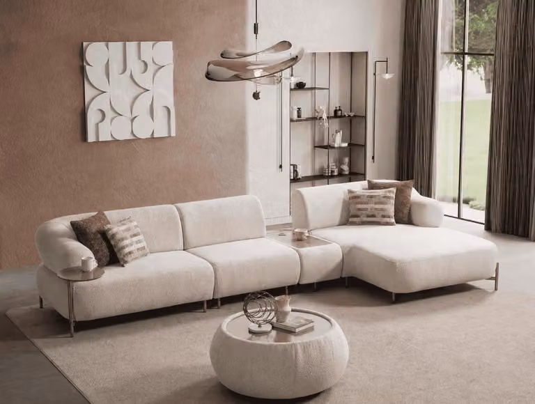 Divano ad angolo a forma di L, stile moderno, bianco, comodo, morbido, grande, rivestito in tessuto, con cuscini