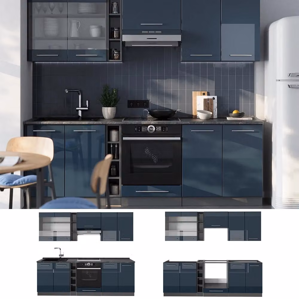 Cucina componibile moderna Vicco Fame-Line Blu scuro lucido e Antracite L: 235 cm, P: 60 cm, H: 205 cm – 2