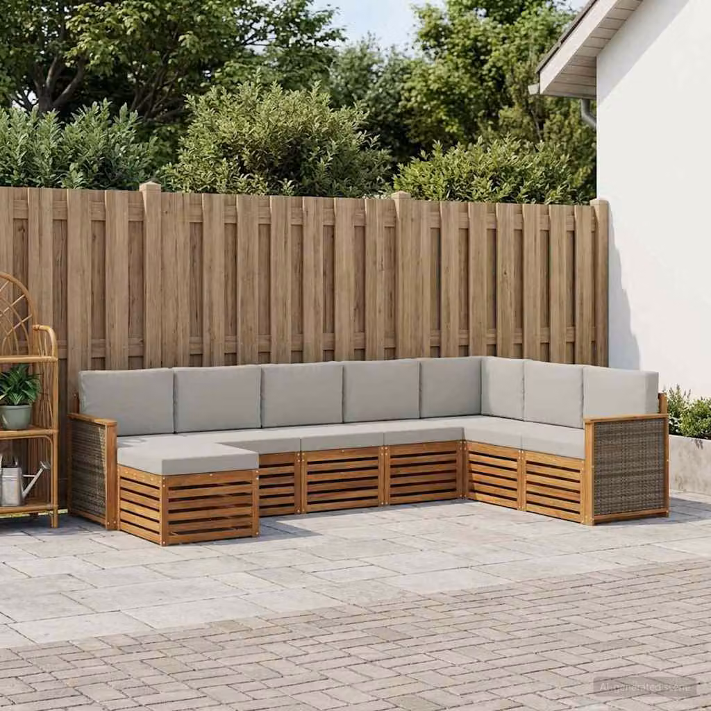 Set di divani da esterno vidaXL 8 pz in legno di acacia con cuscini, composizione a L con elemento angolare e pouf, colori beige, grigio e marrone