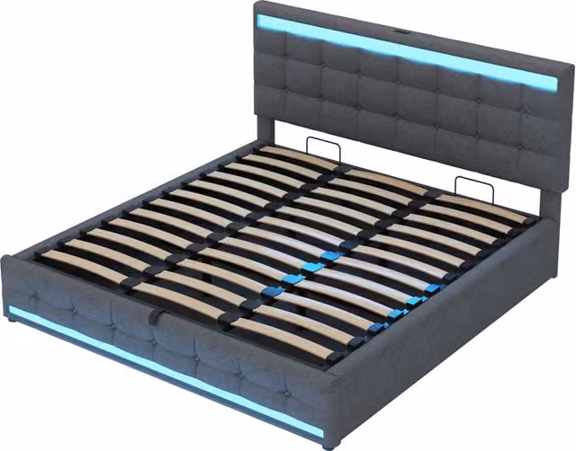 Letto imbottito 180x200 cm con spazio contenitore, striscia LED RGB con cambio colore e doppie porte USB, struttura grigio lino