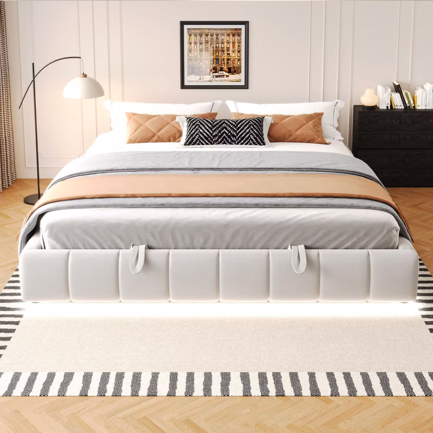 okwish Letto imbottito 180x200 Letto matrimoniale con materasso e guida LED, senza testata con rete flottante, Letto per bambini con rete a doghe e contenitore, Beige