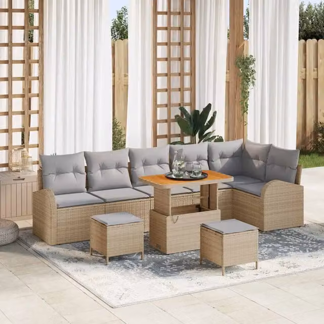 vidaXL Set Divano da Giardino a L con 9 Pezzi, Colore Beige e Grigio, con Elementi Angolari, Ottoman e Tavolino da Caffè