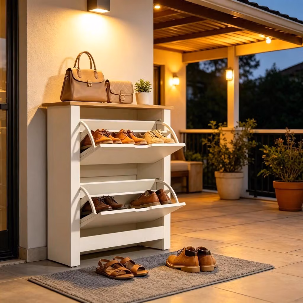 Scarpiera OKWISH moderna con ante ribaltabili e ripiani interni, ideale per ingresso e camera da letto, bianco e beige, L: 72 cm, P: 26 cm, H: 80 cm – 2
