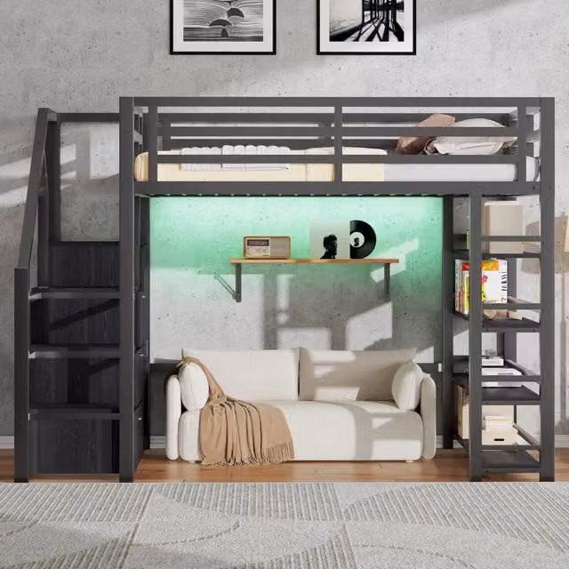 Letto a soppalco in metallo 140x200 cm con armadio; libreria; scala contenitore e LED; nero