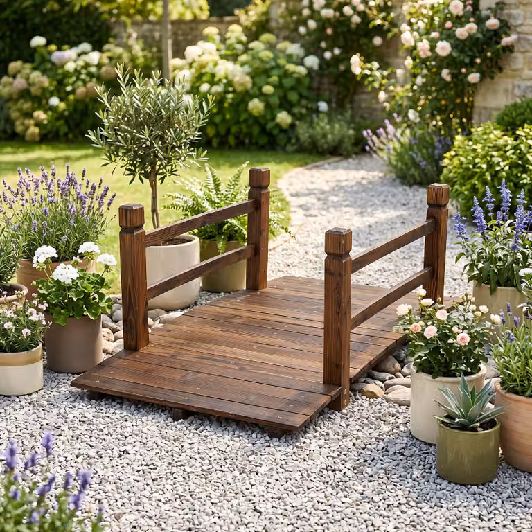 Ponte da giardino decorativo Costway in abete carbonizzato marrone con ringhiere, ideale per cortile e fattoria, L: 125 cm, P: 68 cm, H: 47 cm
