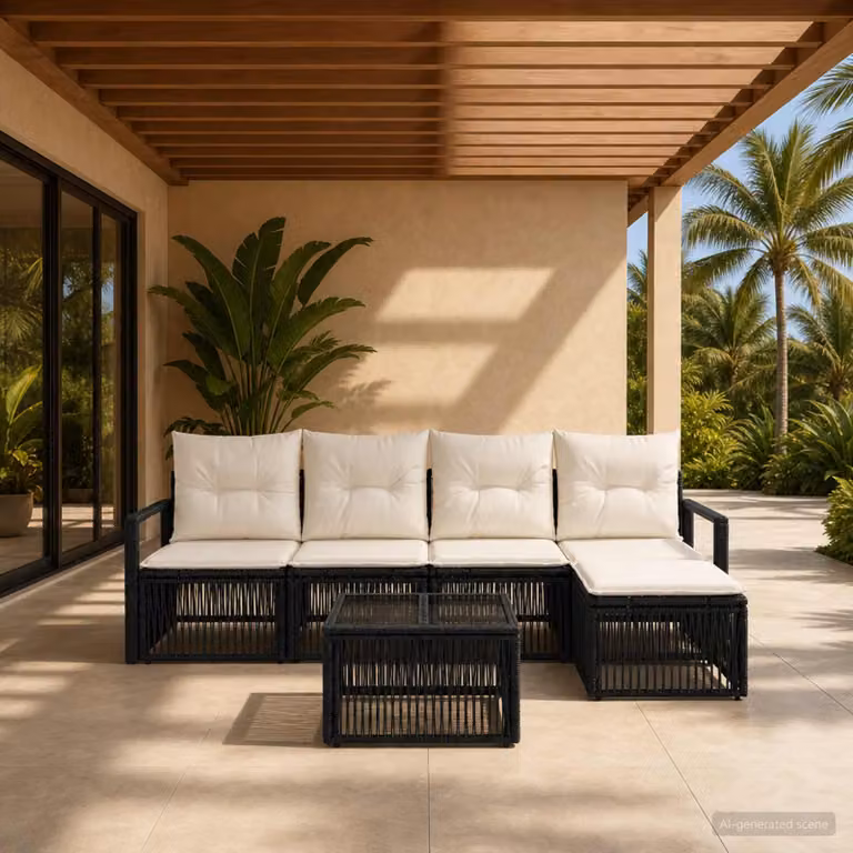 Set Divano da Giardino vidaXL 6 Pezzi Moderno a Forma di L Nero con Poltrona, Tavolino e Pouf in Polyrattan e Acciaio Verniciato a Polvere