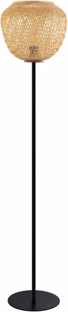 Piantana Eglo Dembleby in metallo nero e legno beige con paralume in rattan in stile boho per soggiorno e camera da letto, attacco E27