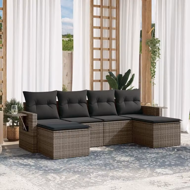vidaXL Set Divano da Giardino a L 6 pz in Polyrattan Grigio con Cuscini e Tavolino