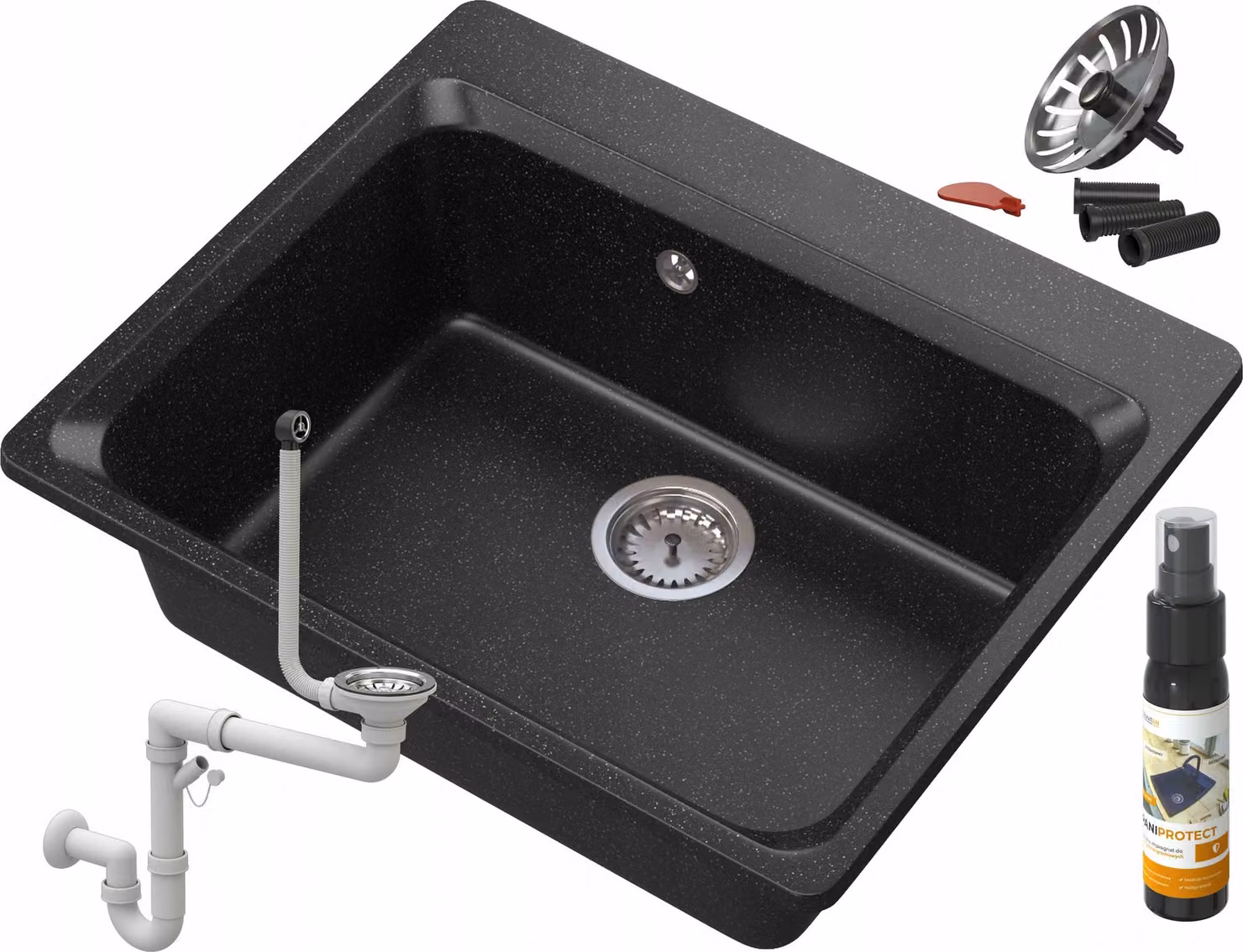 Granitan - Lavello in granito - Lavandino 61,9x52,2 cm - Nero marmorizzato - con sifone - ZANTE