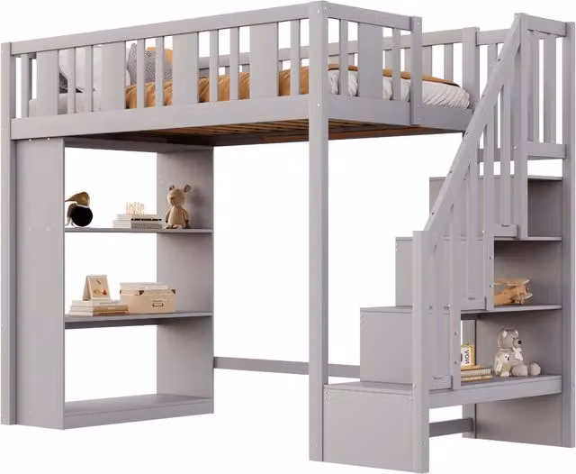 Letto a soppalco singolo in legno e MDF grigio con 3 scomparti laterali, scala e sponda, L/P/H: 90 x 200 x 153 cm