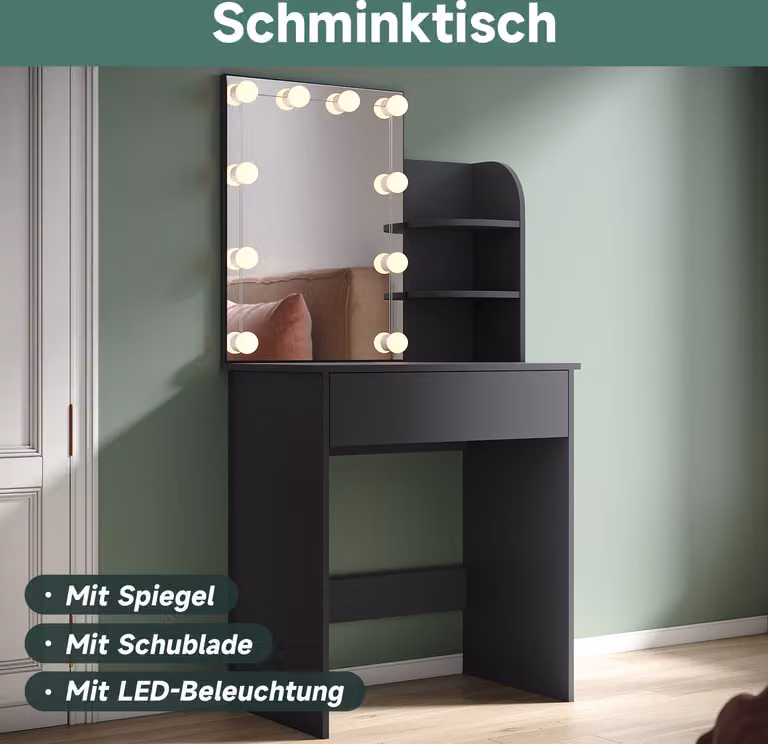 SONNI Tavolino da toilette compatto nero, lampadina a tre colori, luminosità regolabile, 70 x 40 x 140 cm