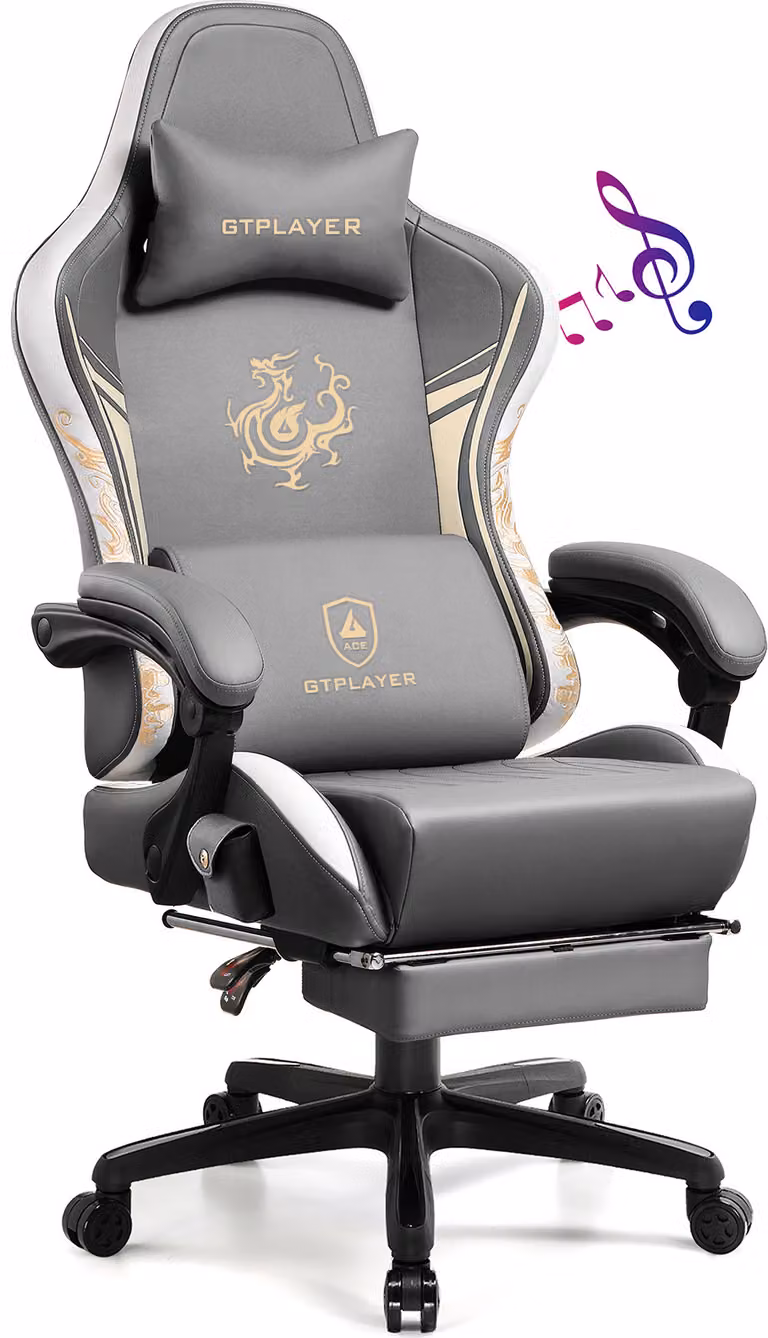 GTPLAYER Sedia da gioco Sedia da gioco con altoparlanti Bluetooth e poggiapiedi, sedia da ufficio della serie Dragon, sedia girevole ergonomica, sedia per computer grigia