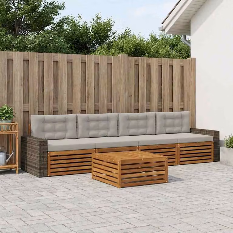 Set di divani da esterno vidaXL a forma di L con tavolo da caffè, struttura in legno di acacia e cuscini inclusi, colori beige, grigio e marrone
