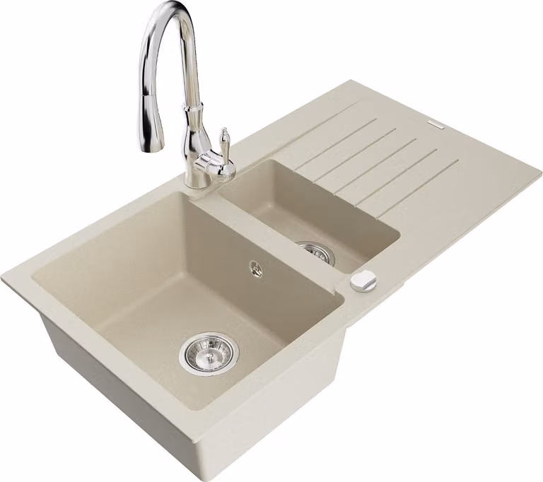 Mexen Matias lavello in granito 1,5 vasche con scolapiatti e rubinetto da cucina Savita, beige - 6502-69-672601-00