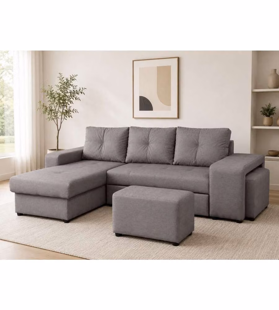 Domo Mea Divano angolare Virginia grigio 3 posti con pouf - 250x160 cm