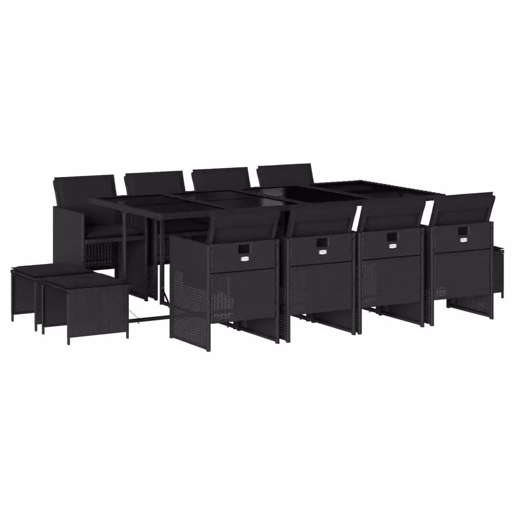 Set da Pranzo da Giardino vidaXL in Polyrattan Nero con Cuscini e Tavolo in Vetro 13pz – 2