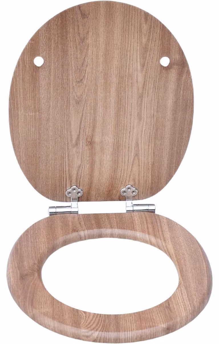 Copertura per WC con sistema di abbassamento automatico, in legno, legno nero con inserti in legno naturale, dimensioni 43,5 x 37,8 x 5 cm