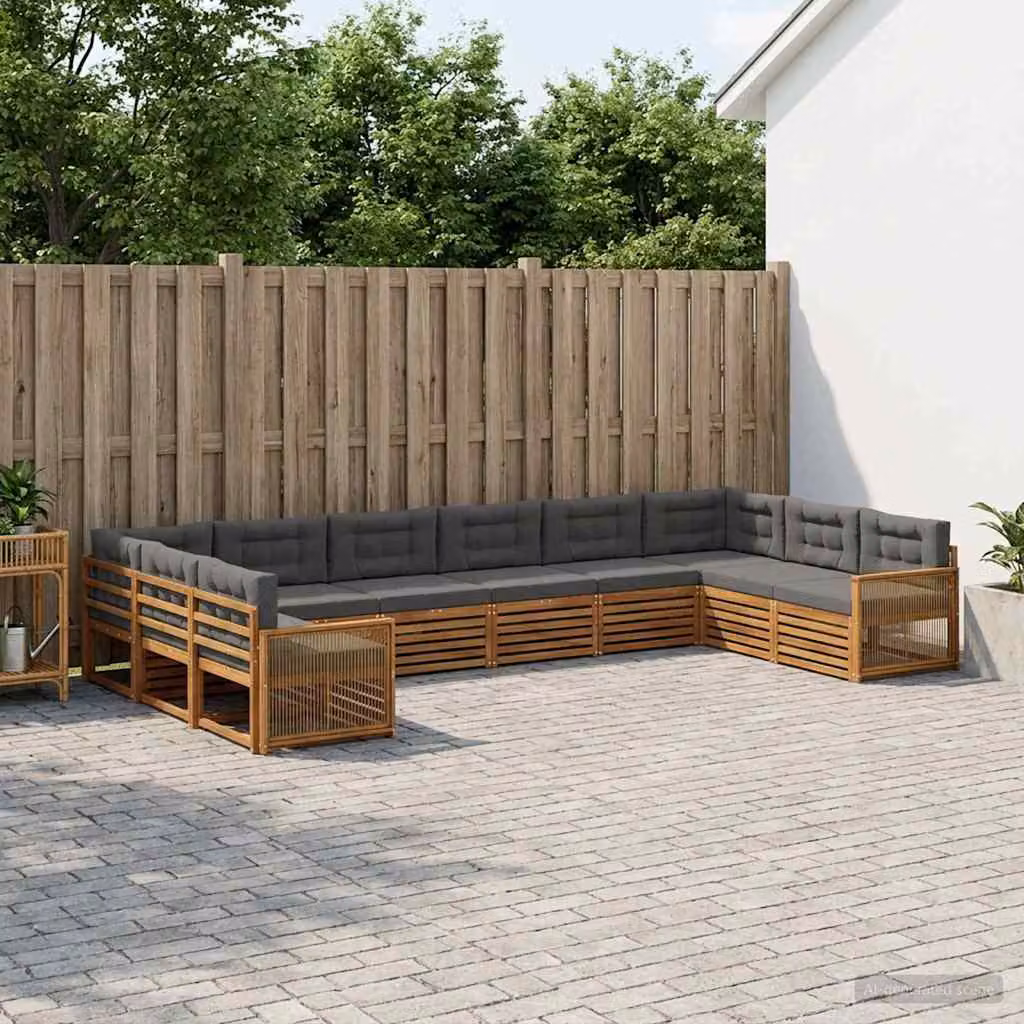 Set di divani da giardino vidaXL a forma di U in legno di acacia massello con cuscini, marrone e grigio