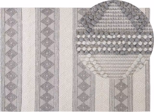 Tappeto Beliani intrecciato a mano in lana e poliestere con motivo geometrico boho, beige e grigio, L: 140 cm x P: 200 cm