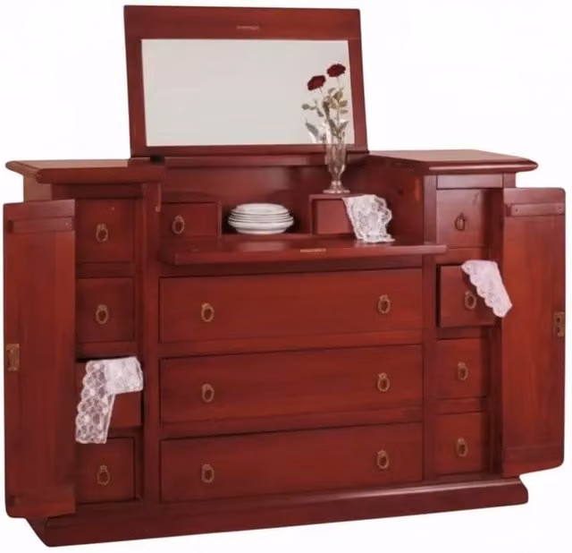 Cassettiera stile arte povera Mobili 2G con 13 cassetti e ribalta in legno ciliegio marrone L: 144 cm, P: 54 cm, H: 95 cm