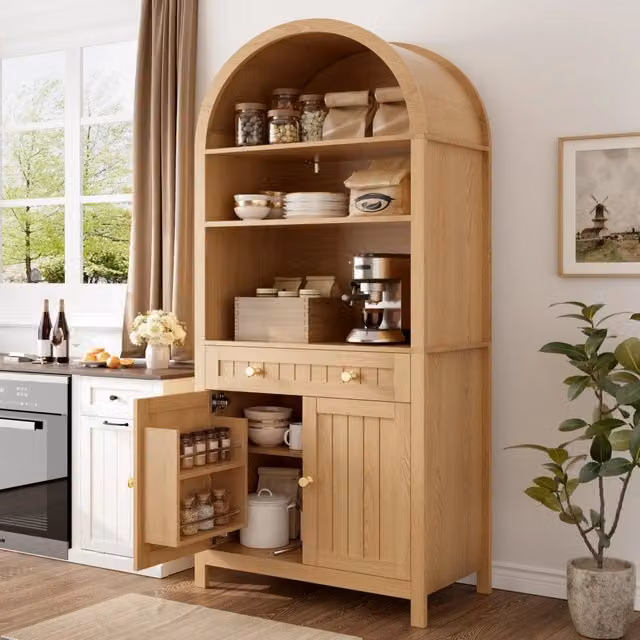 Mobile alto da cucina con portaspezie interno，ripiani aperti e cassetto，76x40x180 cm，colore naturale