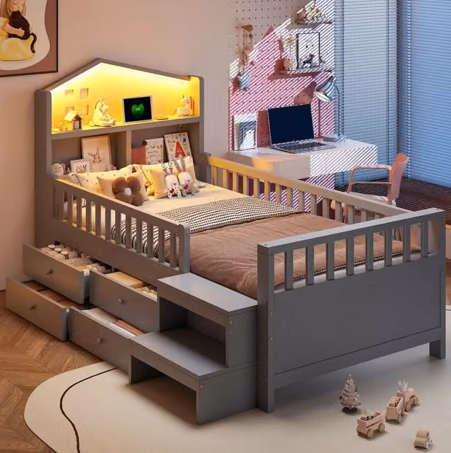 Letto per bambini 90x200 cm in legno massiccio grigio con 4 cassetti; scala laterale; LED e porte USB/Type-C