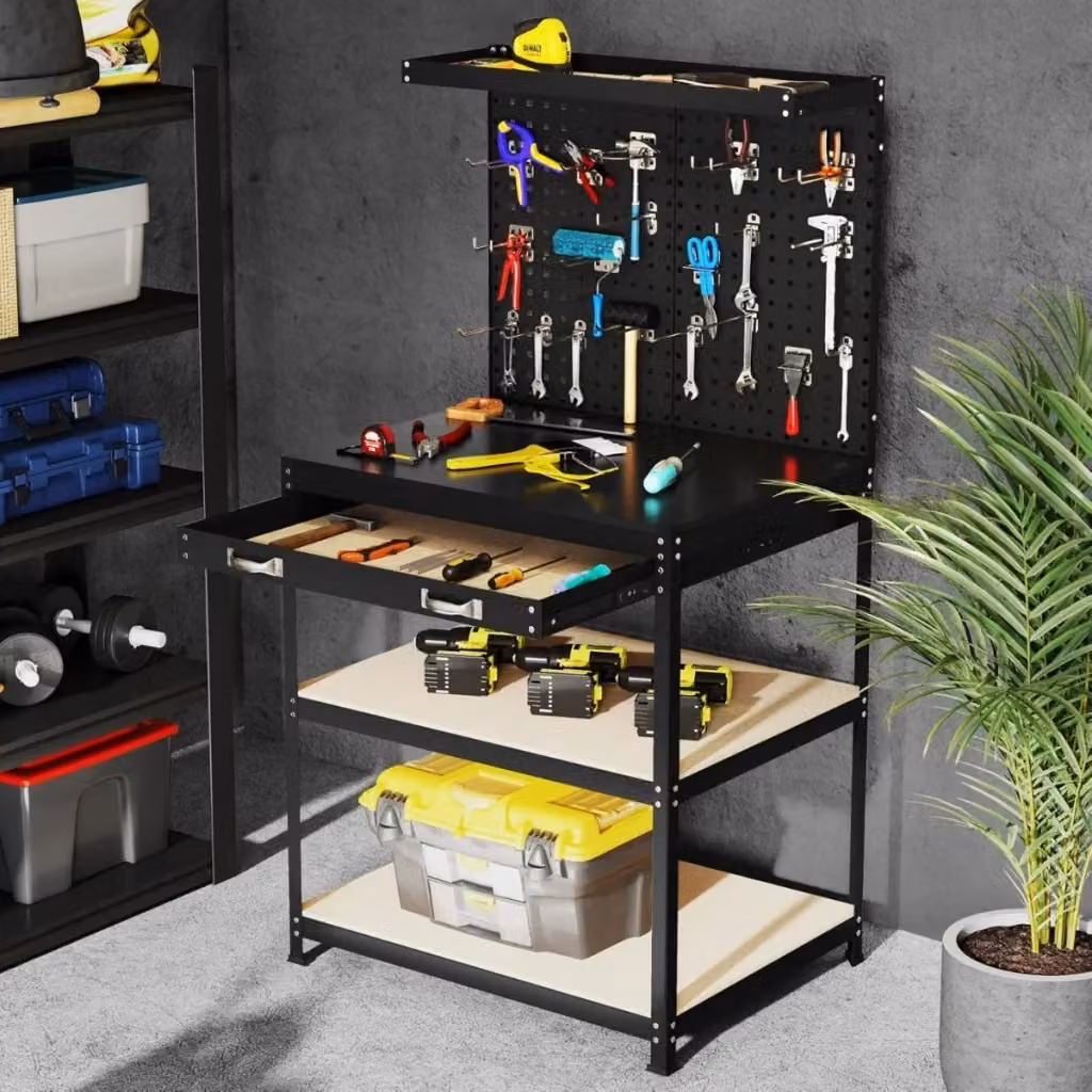 Banco da lavoro in metallo DESIGN IN con 2 pegboard, cassetto e mensole, Nero, L: 225 cm, H: 156 cm, P: 81 cm – 2