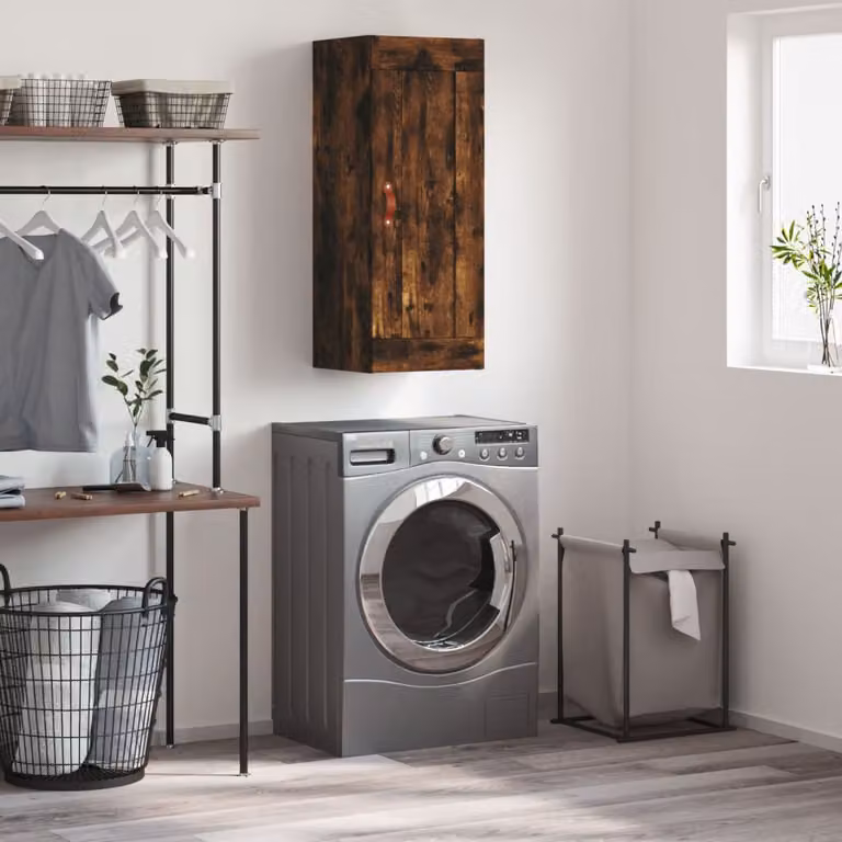 Mobile a parete vidaXL in legno multistrato e MDF, Rovere Fumo, L: 34,5 cm, P: 34 cm, H: 90 cm