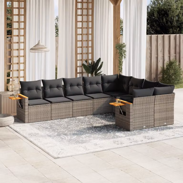 Set Divano da Giardino vidaXL 9 pz in Polyrattan Grigio con Cuscini e Tavolino