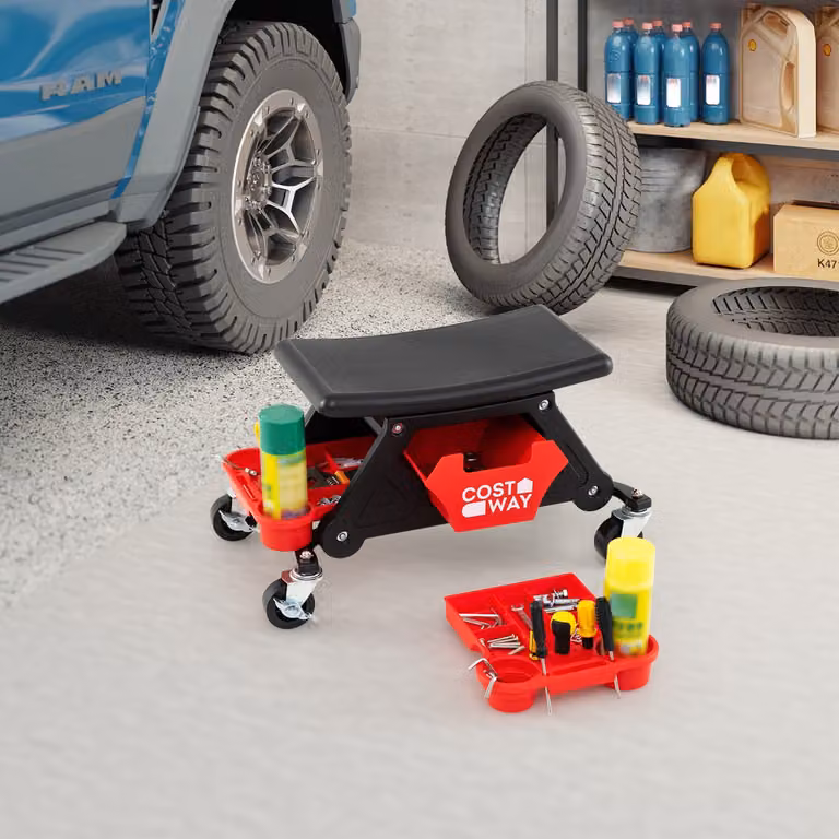 Sgabello da meccanico con ruote e cassetto Costway colore rosso per riparazioni auto in garage