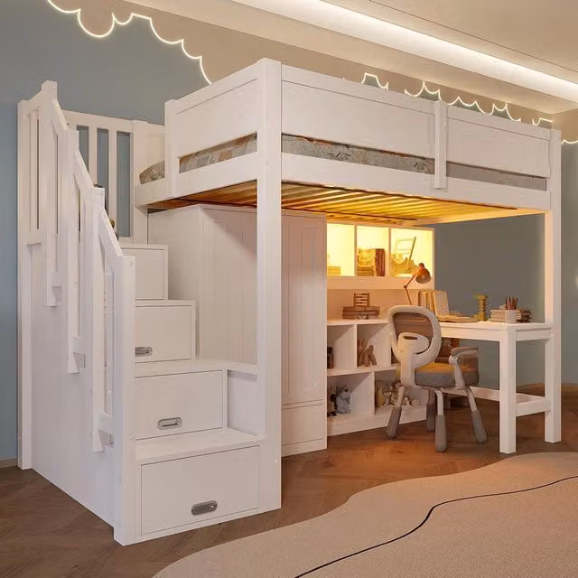 Letto mezzanino Xylo bianco con scrivania, armadio, cassetti e illuminazione LED, L/P/H: 200 x 90 x 170 cm – 1