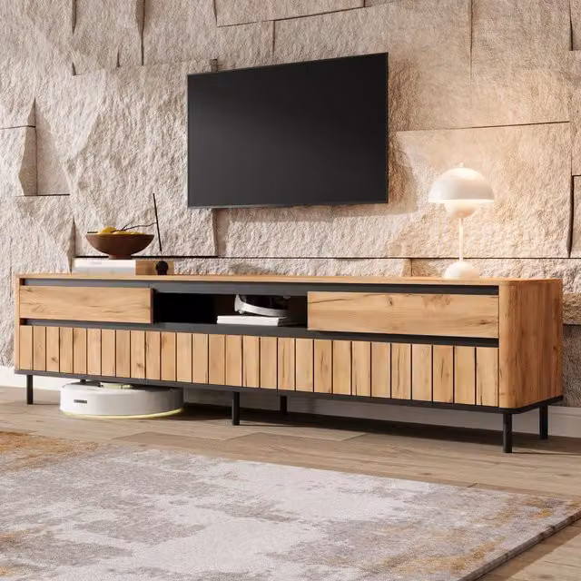 Mobile TV con 2 cassetti 2 ante a ribalta vano aperto passacavi in MDF nero e legno naturale 180 × 40 × 52 cm