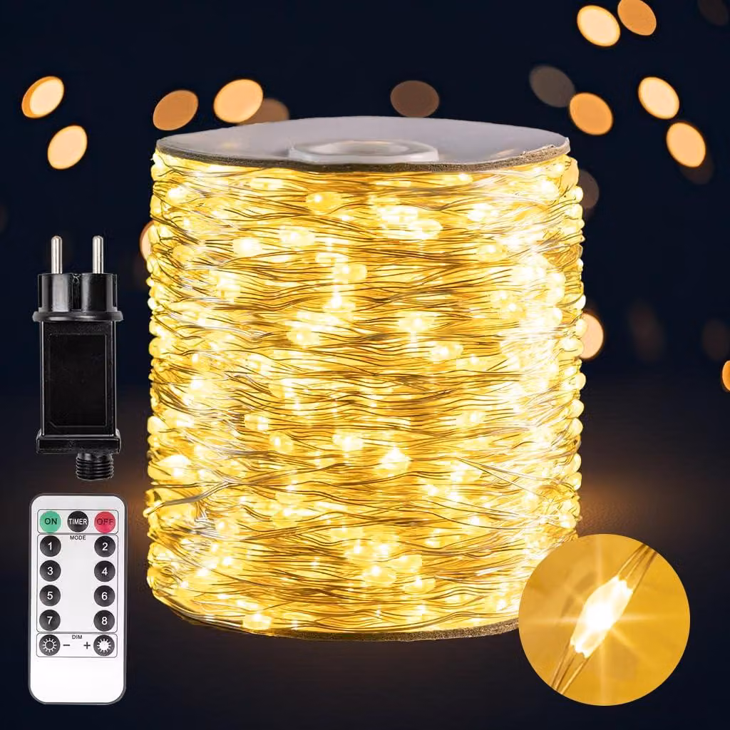 Luci decorative, lunghezza 160 metri, 1600 LED, luce bianco caldo, con telecomando