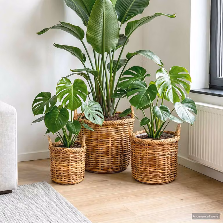 Set di 3 cesti per piante vidaXL GENDT in rattan marrone naturale con maniglie e design impilabile