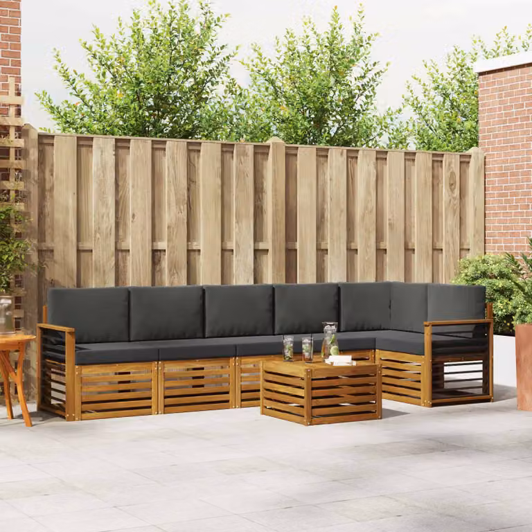 Set di divani da esterno vidaXL 7 pz in legno di acacia con cuscini, colore antracite e marrone, design moderno a L con tavolino da giardino incluso