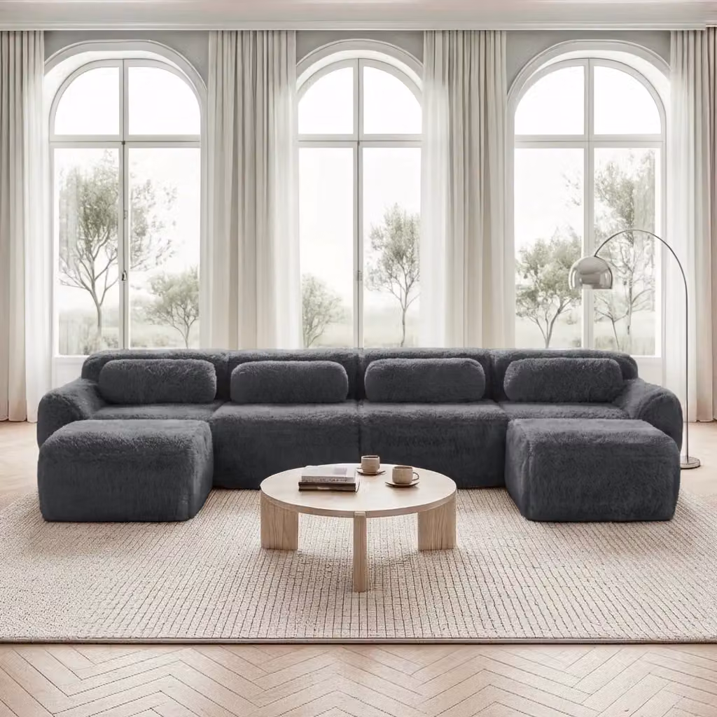 Divano angolare modulare MIVRAY grigio con pouf coordinato, design moderno reversibile a forma di U o L per il tuo soggiorno – 2