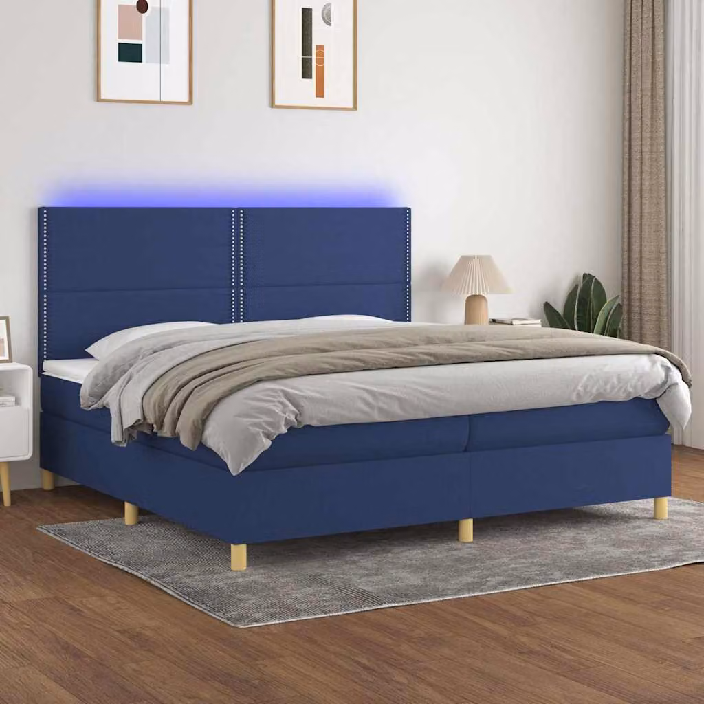 Letto a molle vidaXL con materasso, illuminazione LED blu e porta USB, rivestito in tessuto blu e bianco, L/P: 200 x 200 cm – 1