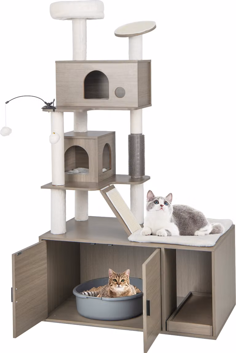 COSTWAY Tiragraffi 2 in 1 con gabinetto, torre per gatti con 2 casette, tiragraffi, rampa, grigio