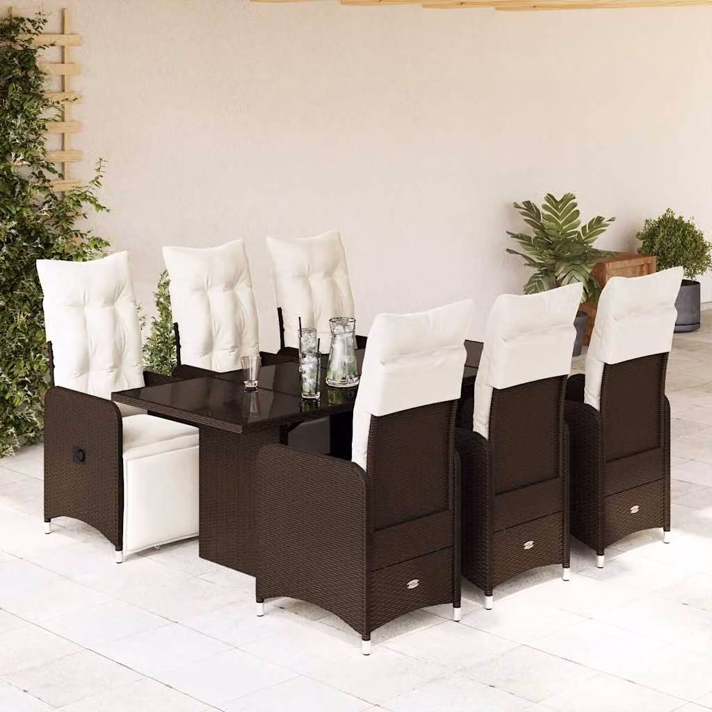 vidaXL Set Bistrò da Giardino 7 pz in Polyrattan Marrone con Cuscini e Piano in Vetro – 1