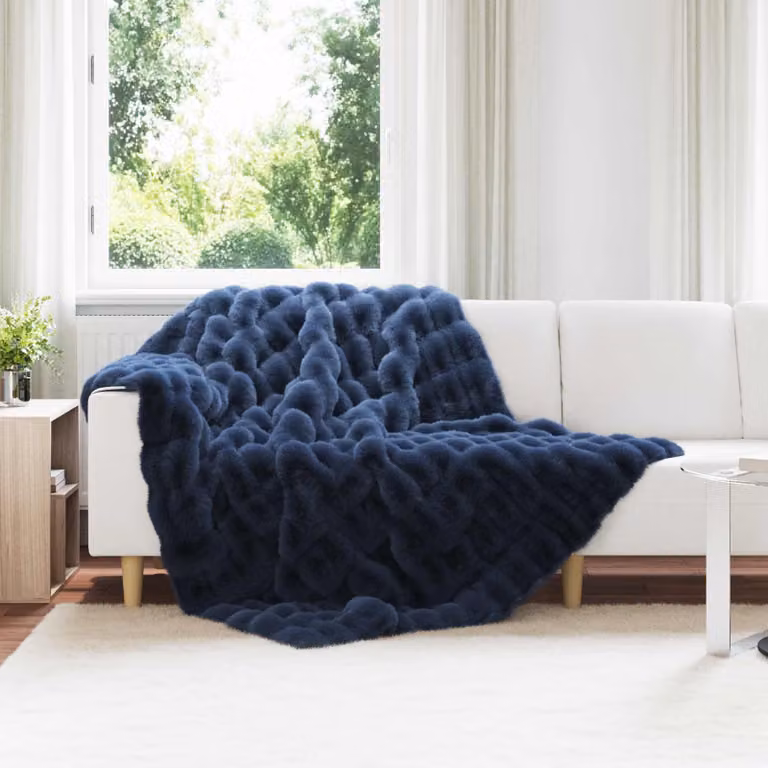 vidaXL Coperta antiscivolo in ecopelliccia di coniglio Olite Blu Marino L: 220 cm, P: 150 cm