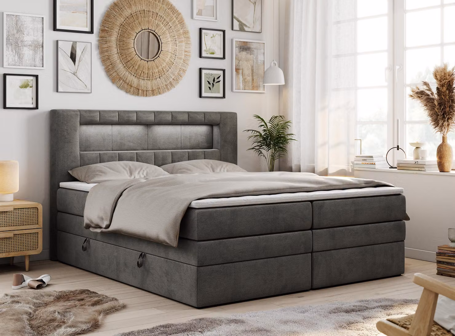 Letto boxspring con testiera LED e topper - GOLD-5-KING - 180x200 cm - Grigio scuro - Media rigidità (H3)