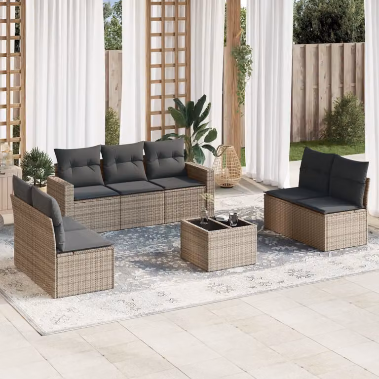 vidaXL Set Divano da Giardino 8 pz in Polyrattan Grigio con Cuscini e Tavolino