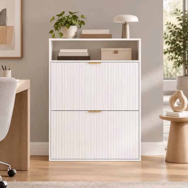 Scarpiera ULEVR 80x24x102,5 cm con 2 vani a ribalta e ripiano superiore, bianca