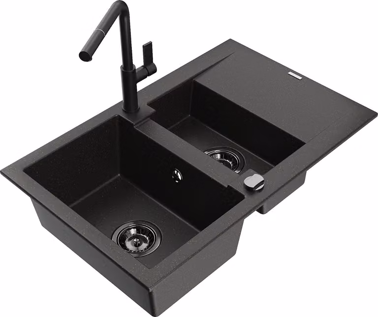 Mexen Gaspar lavello in granito 1,5 vasche con scolapiatti e rubinetto da cucina Flora, nero/oro - 6507-75-670401-70-B